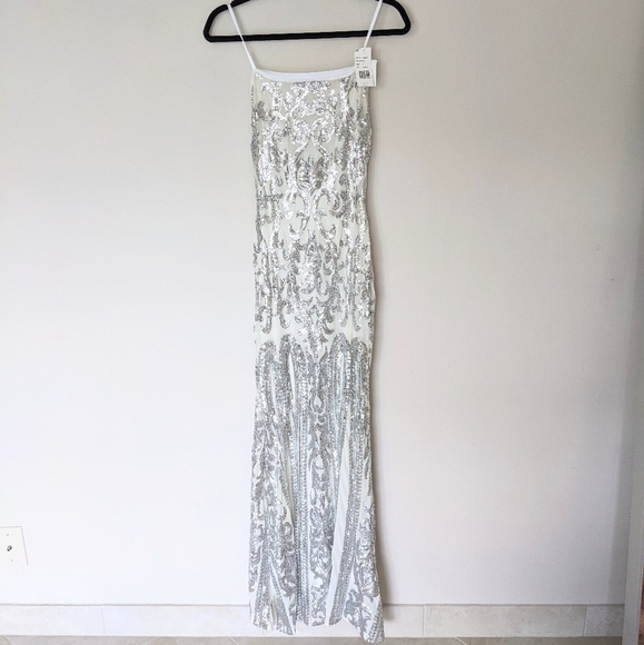 NEW AQUA White Silver Sequined Embellished Strapless Maxi Gown Dress #A20590 - Picture 3 of 8
